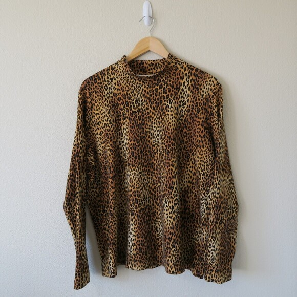 JONES NEW YORK SPORT Leopard Print Top Size1X Mock Neck Long Sleeve Cotton Plus - Picture 1 of 7